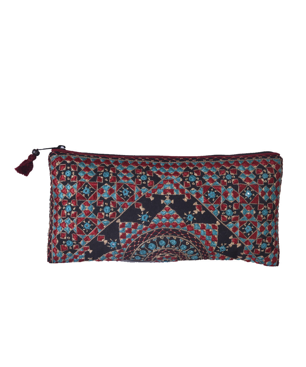 Black hand embroidery cotton clutch purse