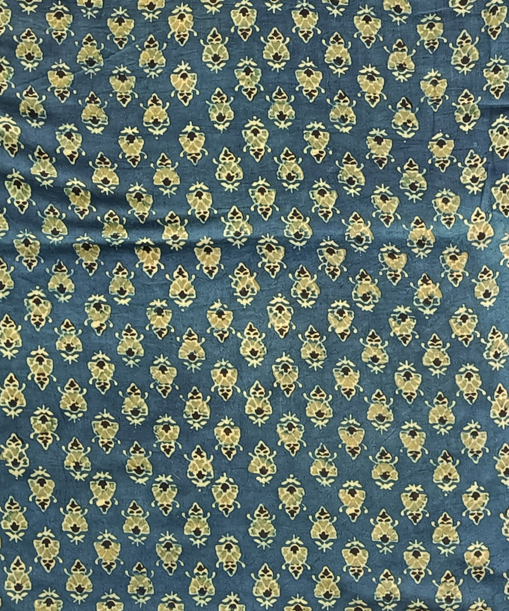 2.5m Green yellow ajrakh print handspun handwoven cotton kurta fabric