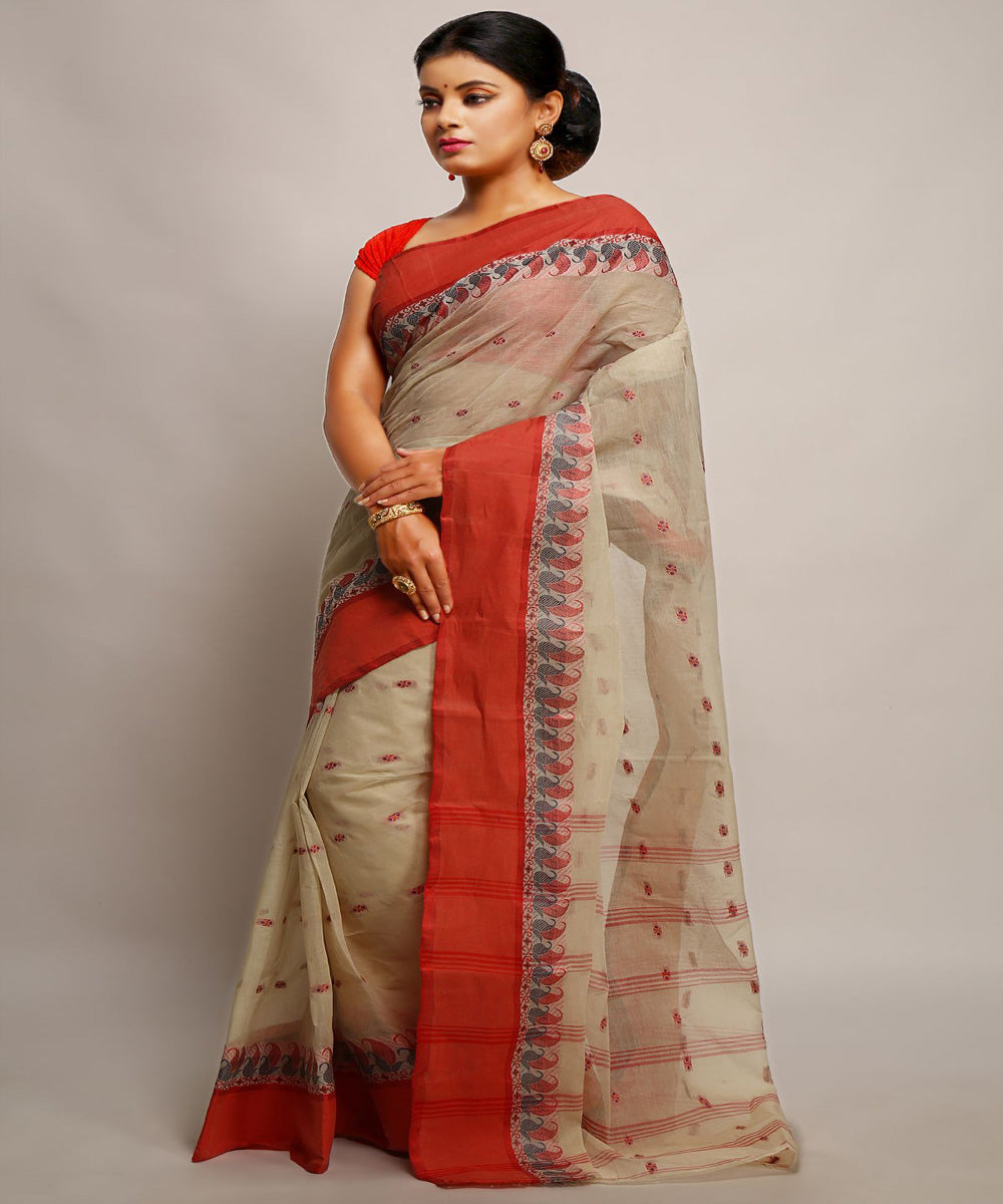 Beige red handwoven tangail tant cotton bengal saree