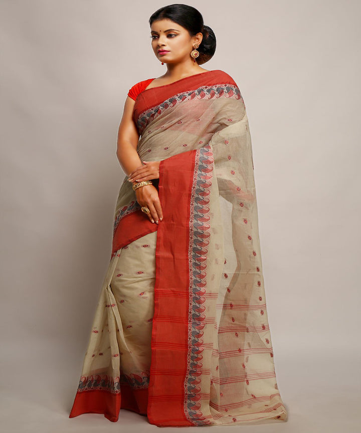 Beige red handwoven tangail tant cotton bengal saree
