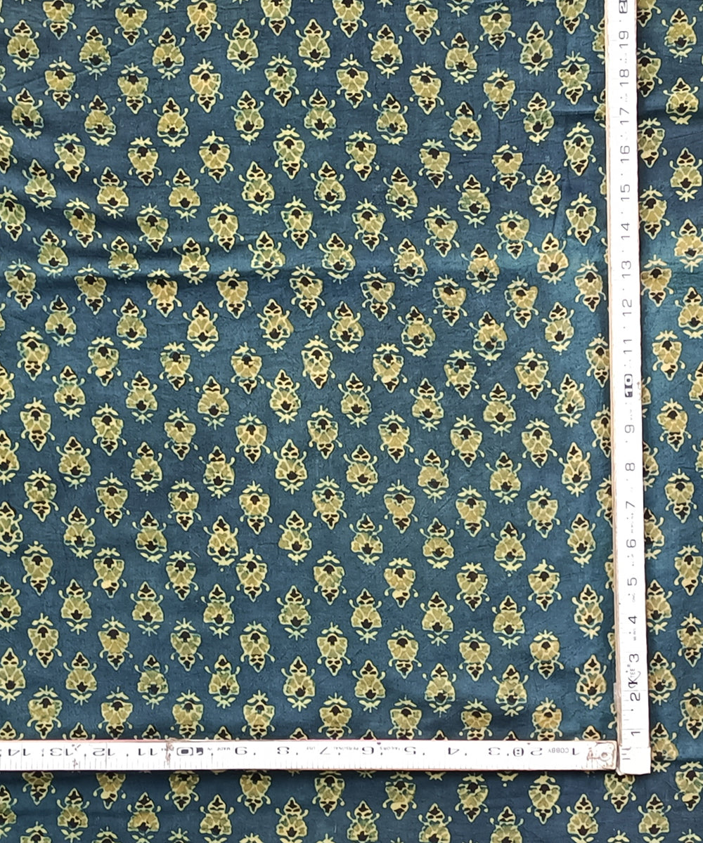 2.5m Green yellow ajrakh print handspun handwoven cotton kurta fabric