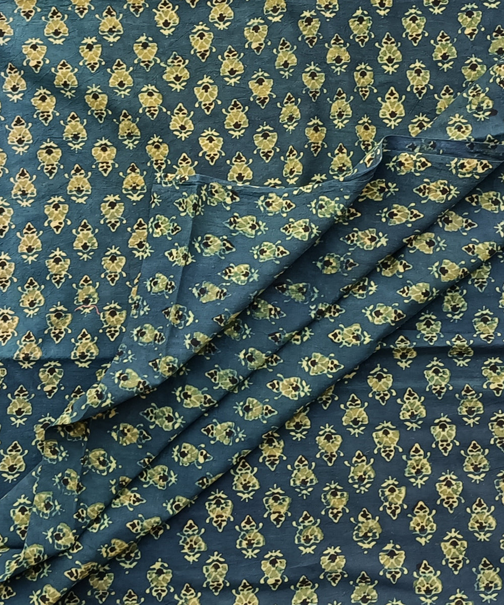 2.5m Green yellow ajrakh print handspun handwoven cotton kurta fabric