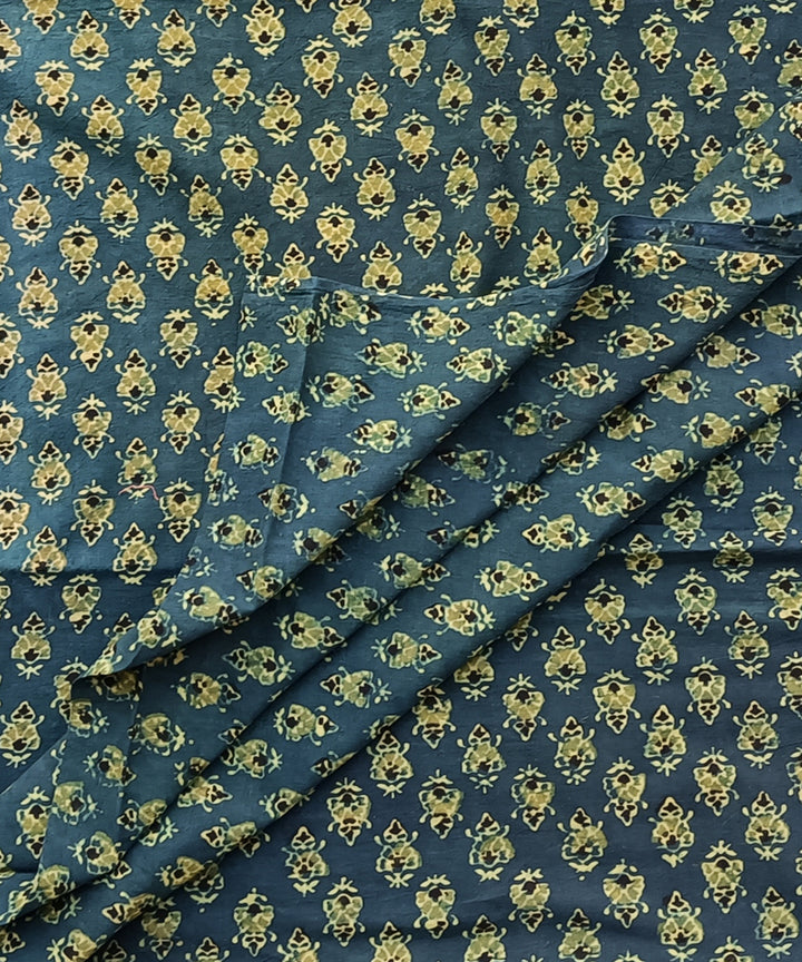 2.5m Green yellow ajrakh print handspun handwoven cotton kurta fabric