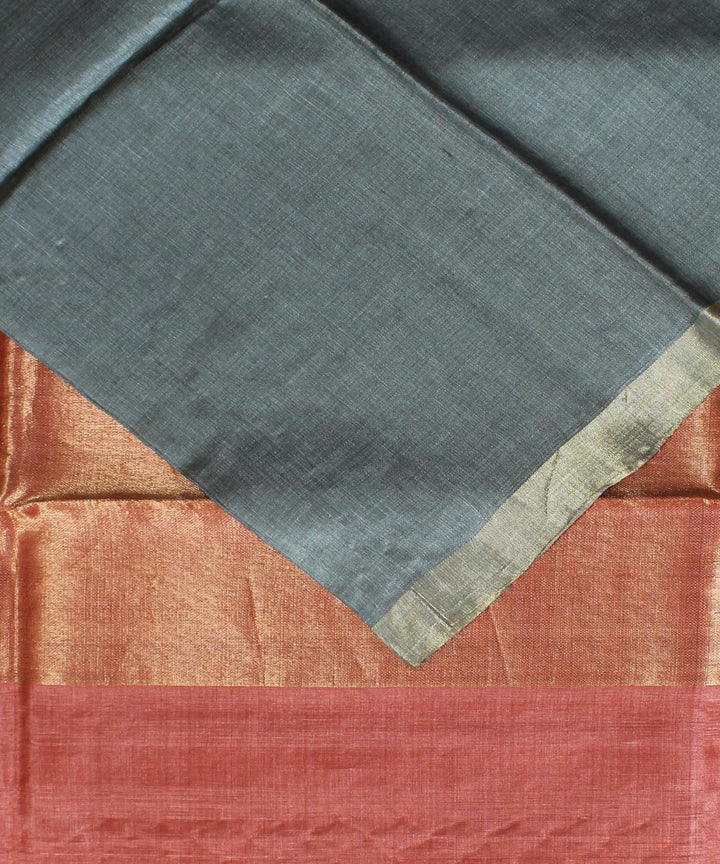 Grey red hand loom kosa tussar silk saree