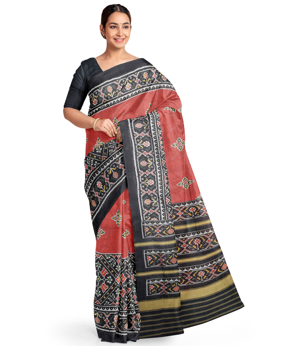 Red black hand woven cotton patola saree