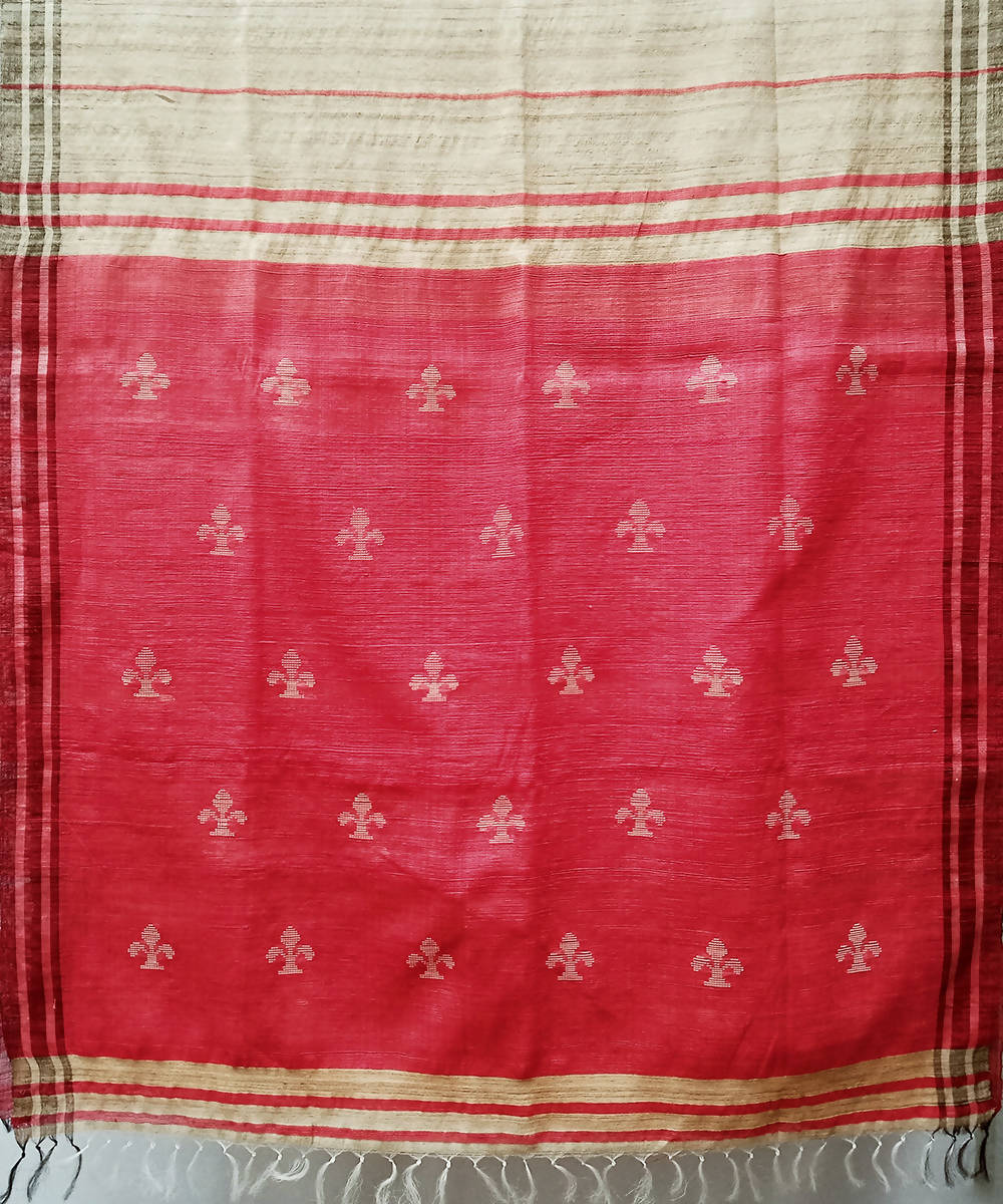 Red beige handwoven extra weft cotton silk saree