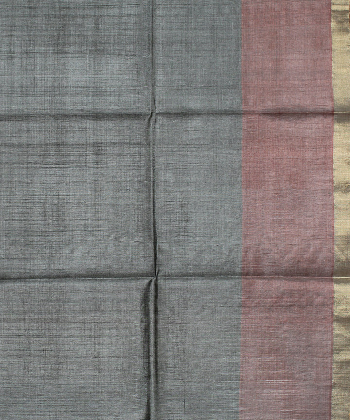 Grey red hand loom kosa tussar silk saree