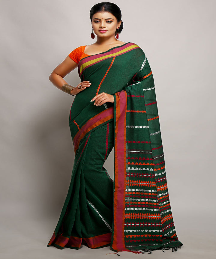 Dark green red handwoven begumpuri cotton bengal saree