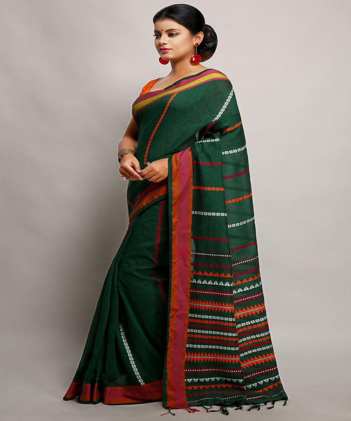 Dark green red handwoven begumpuri cotton bengal saree