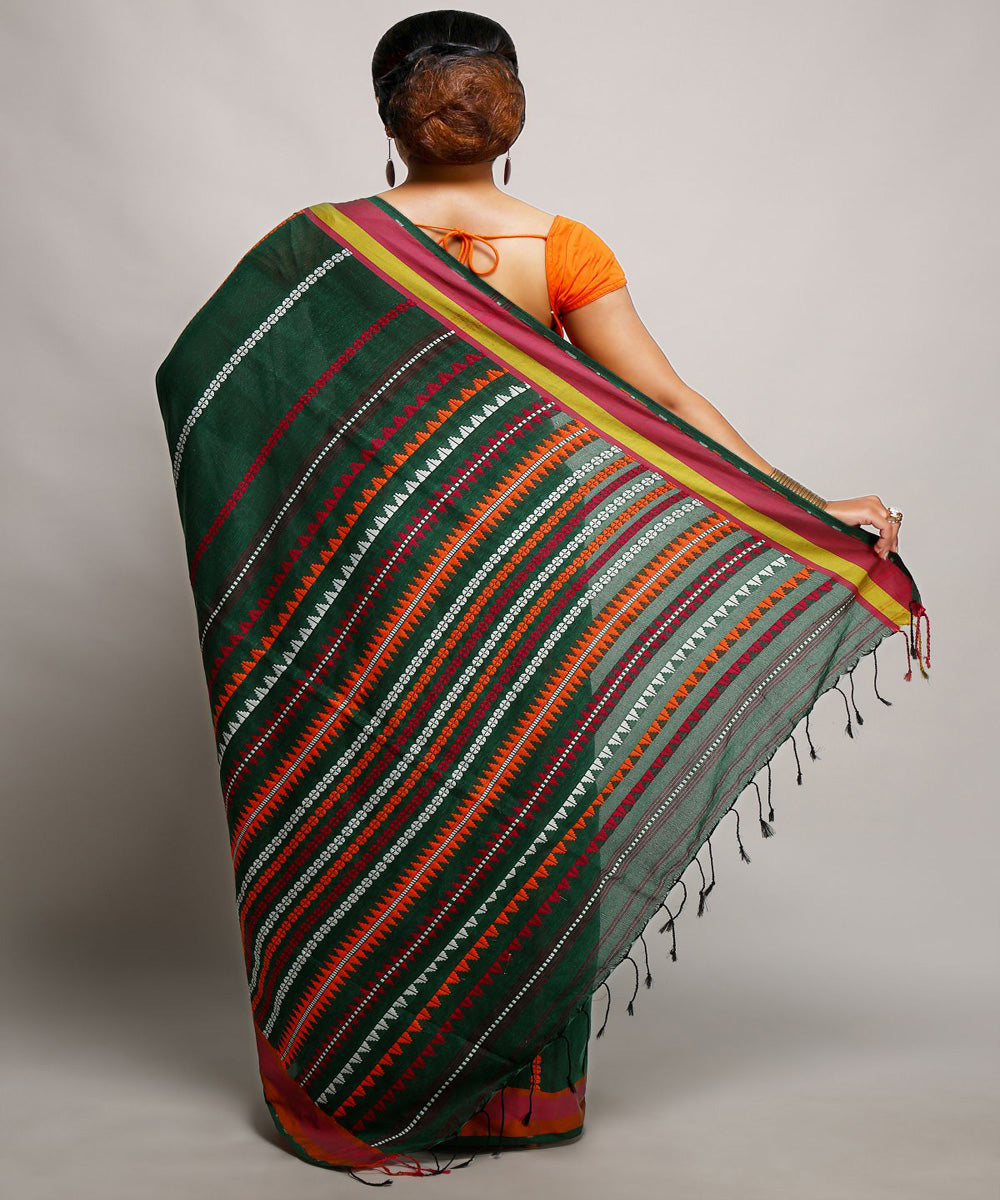 Dark green red handwoven begumpuri cotton bengal saree
