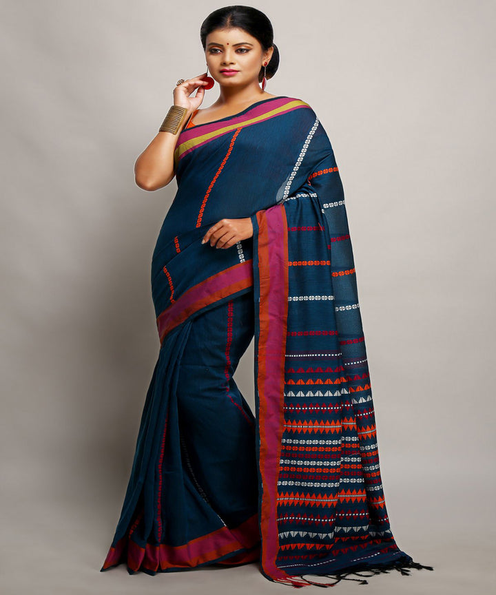 Navy blue grey handwoven begumpuri cotton bengal saree