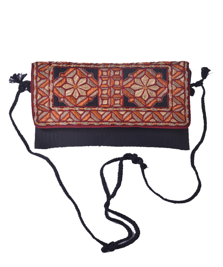 Black hand embroidery linen clutch purse with sling