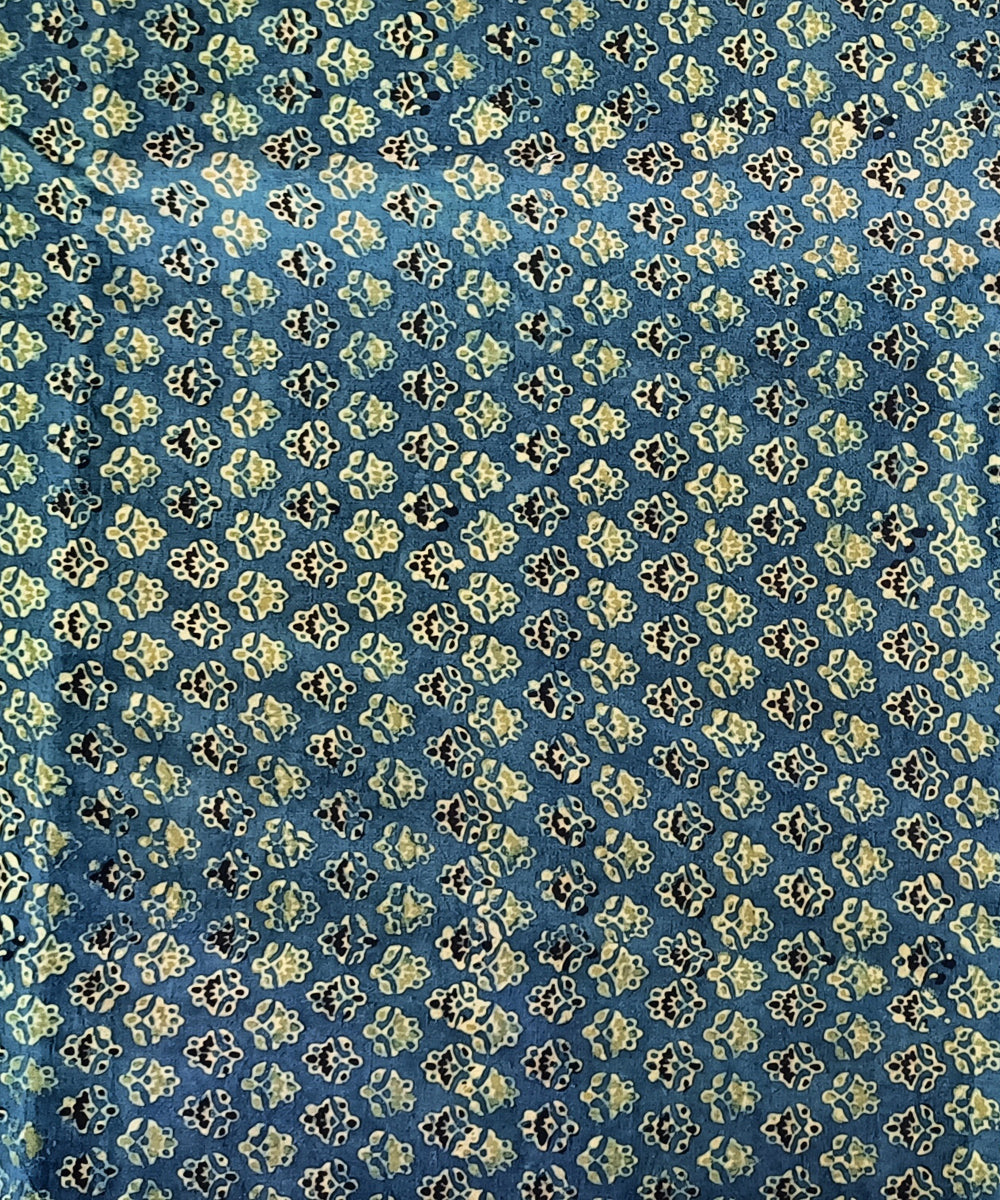 2.5m Navy yellow ajrakh print handspun handwoven cotton kurta fabric