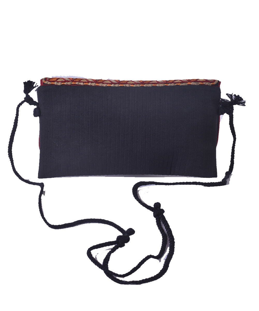 Black hand embroidery linen clutch purse with sling