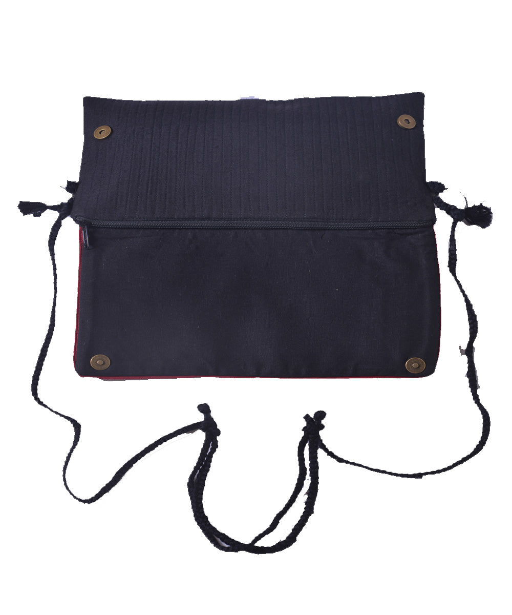 Black hand embroidery linen clutch purse with sling