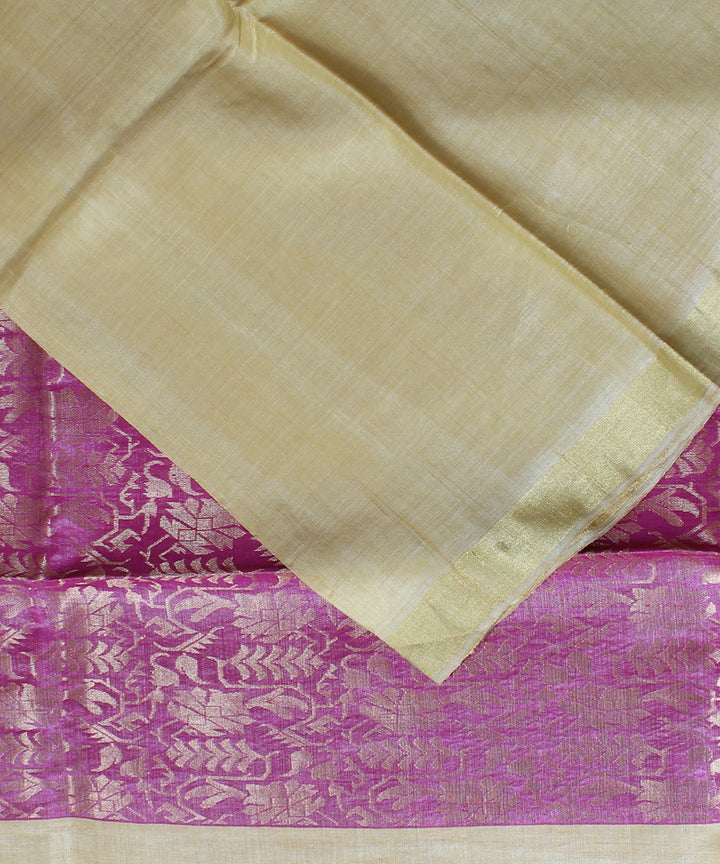 Yellow pink hand woven kosa tussar silk saree