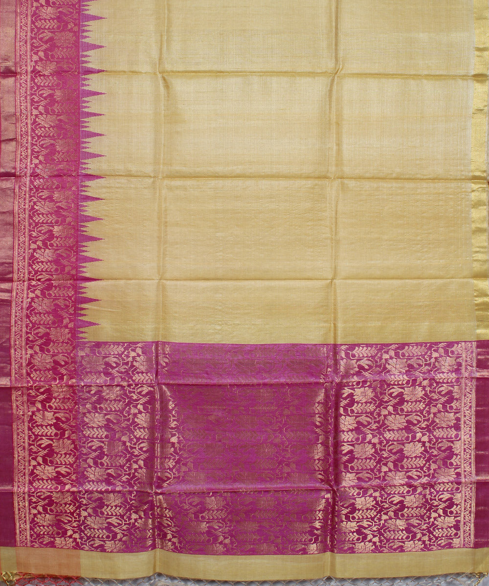 Yellow pink hand woven kosa tussar silk saree