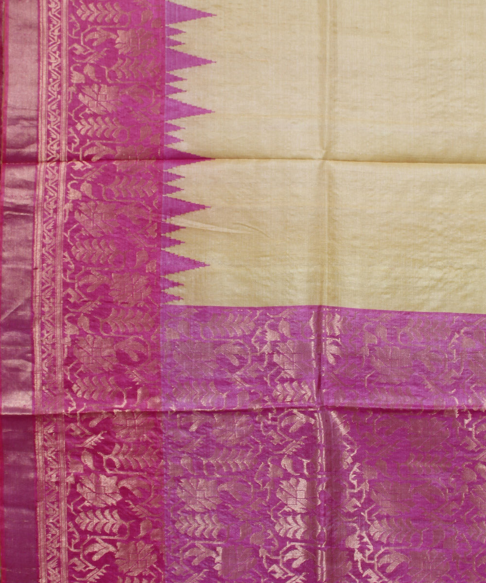 Yellow pink hand woven kosa tussar silk saree