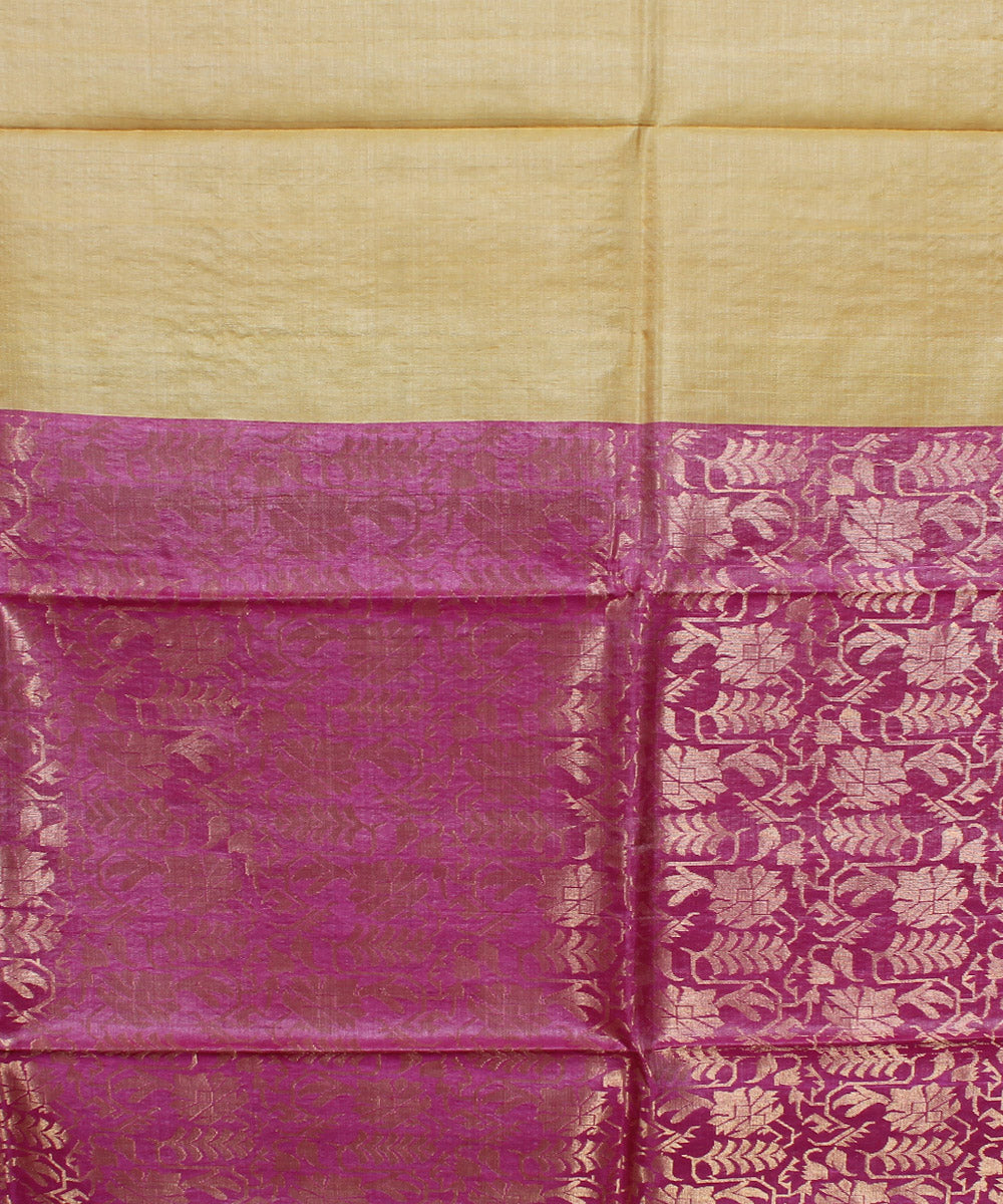 Yellow pink hand woven kosa tussar silk saree