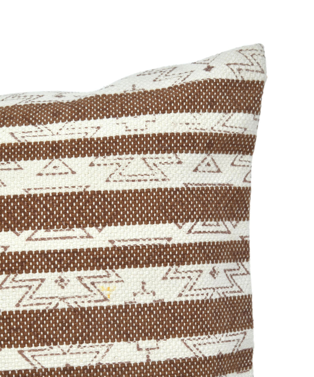 Brown white handblock print cotton cushion cover