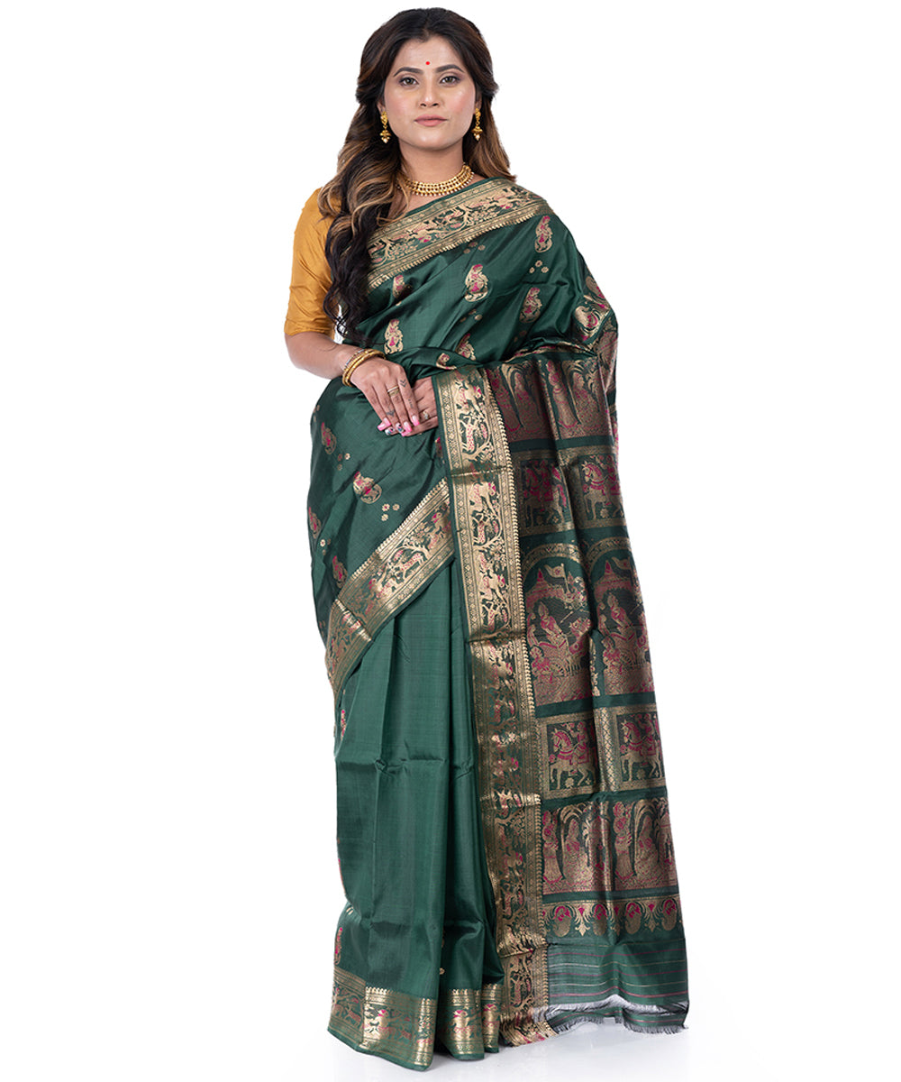 Dark green handwoven baluchari silk saree