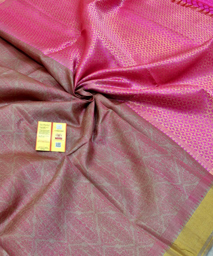 Beige pink handwoven kosa tussar silk saree