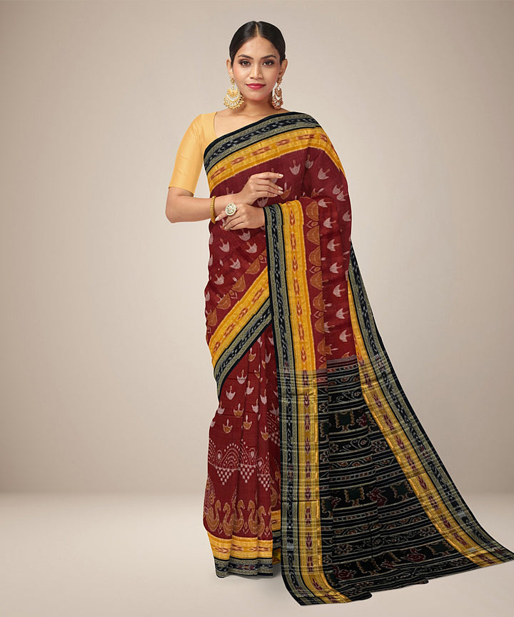 Maroon mustard and black cotton handwoven nuapatna saree
