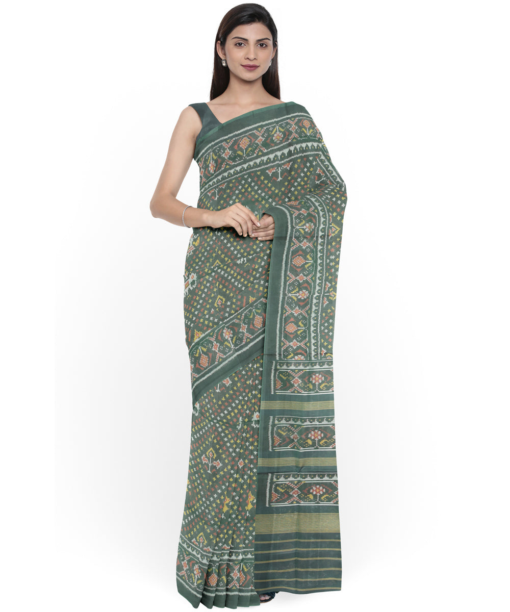 Dark green hand woven cotton patola saree