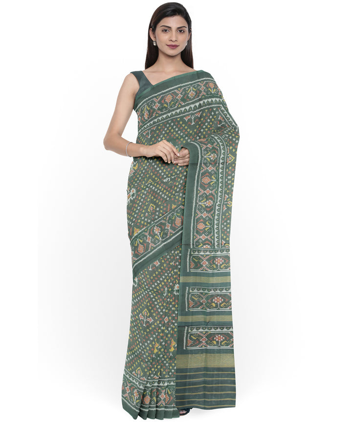Dark green hand woven cotton patola saree