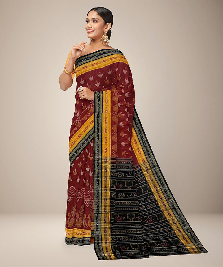 Maroon mustard and black cotton handwoven nuapatna saree