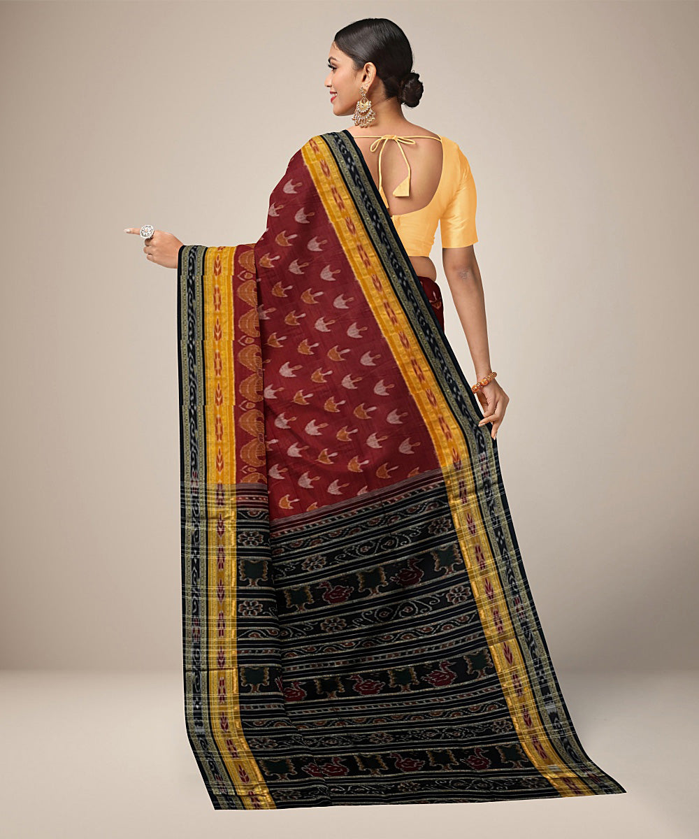 Maroon mustard and black cotton handwoven nuapatna saree
