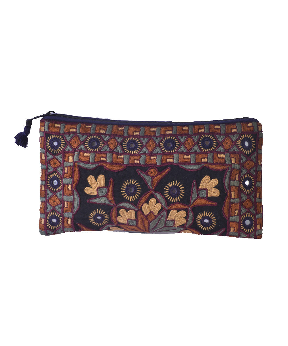 Multicolor hand embroidered cotton clutch purse