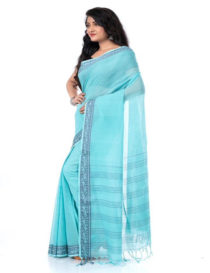 Cyan blue handloom shantipuri cotton santipur saree