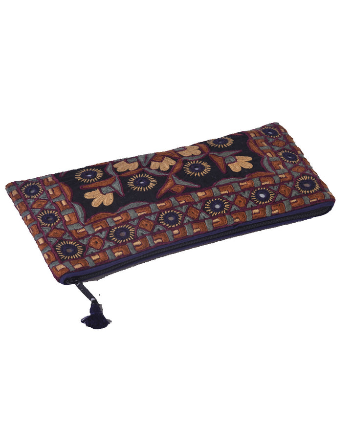 Multicolor hand embroidered cotton clutch purse