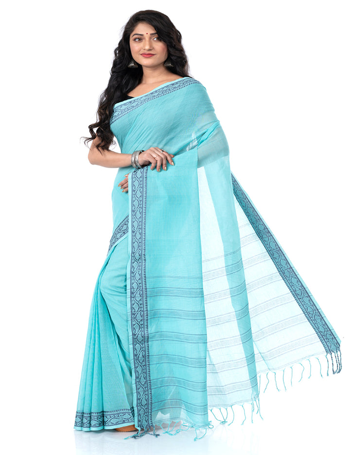 Cyan blue handloom shantipuri cotton santipur saree