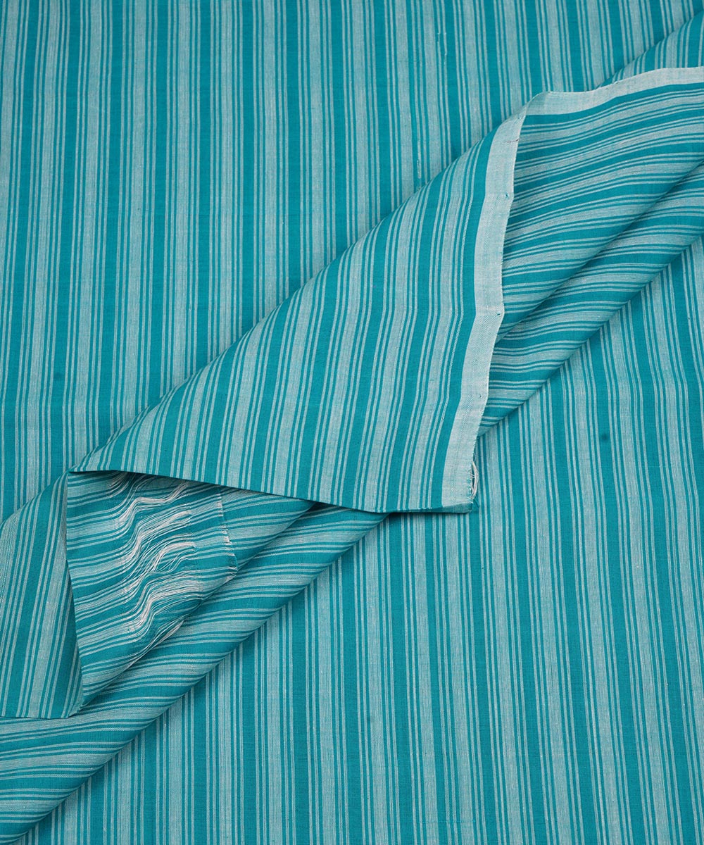 Blue green handwoven stripe cotton mangalagiri fabric