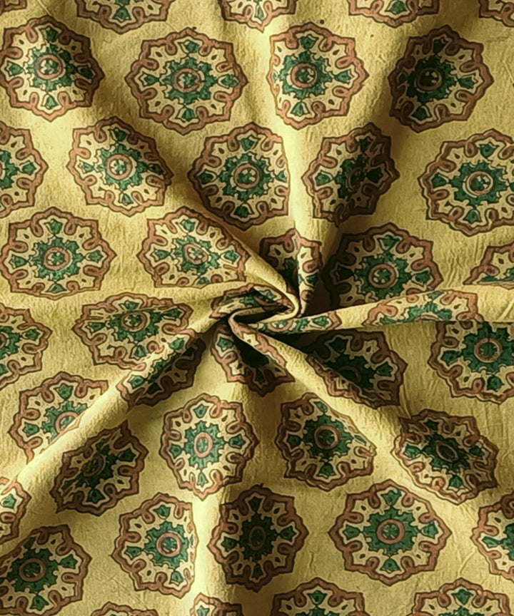 2.5m Yellow green ajrakh print handspun handwoven cotton kurta fabric