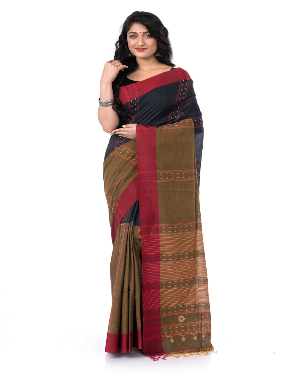 Black brown handloom bengal cotton tangail saree