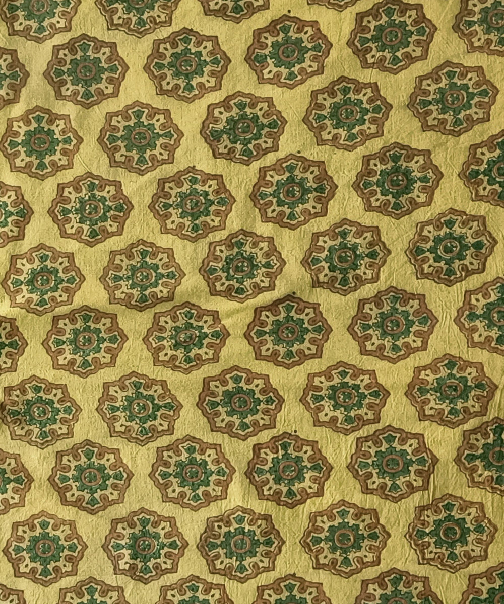 2.5m Yellow green ajrakh print handspun handwoven cotton kurta fabric