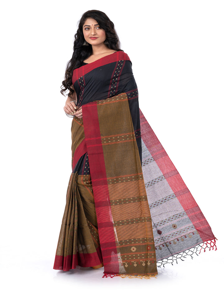 Black brown handloom bengal cotton tangail saree