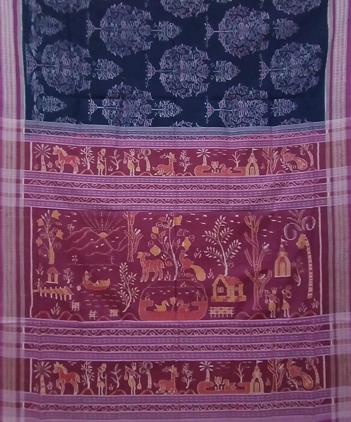 Black pink handwoven cotton sambalpuri saree