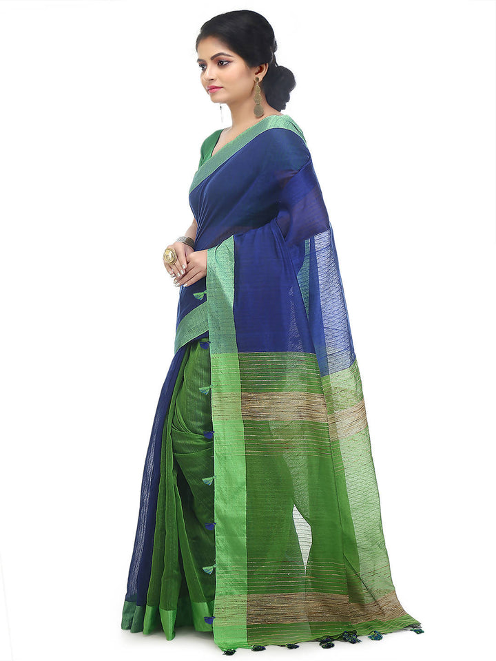 Blue green bengal handloom cotton blend saree