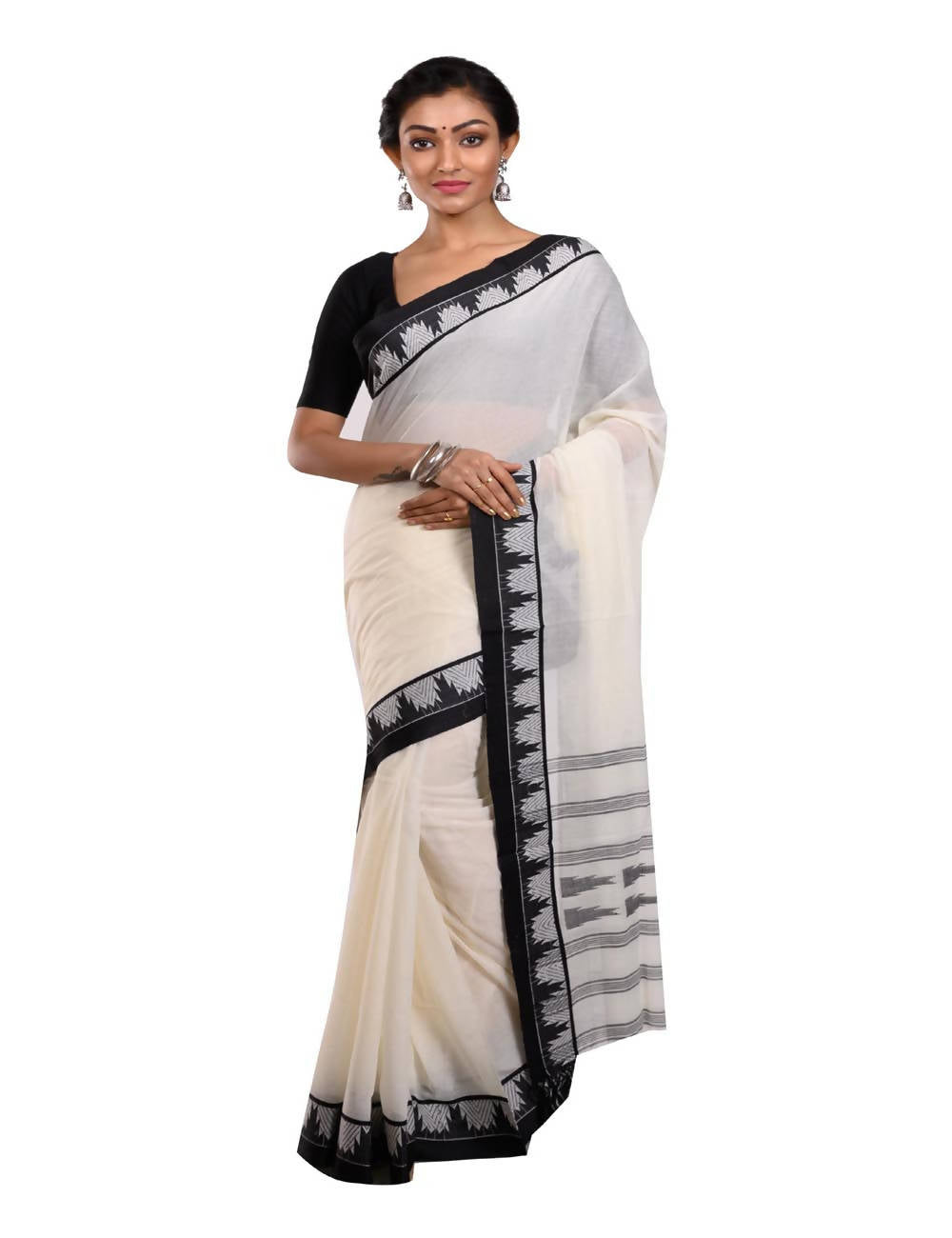 Bengal Handloom White Black Cotton Tant Saree