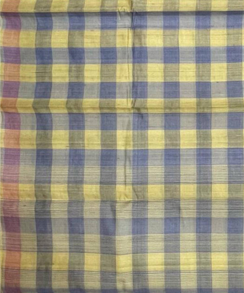Yellow and grey checks natural dye handwoven tussar silk saree