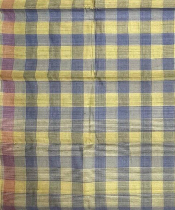 Yellow and grey checks natural dye handwoven tussar silk saree