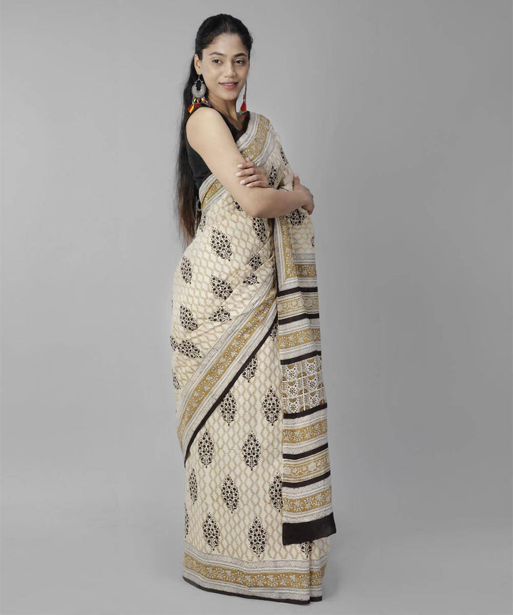 Beige cream bagru handblock printed cotton saree