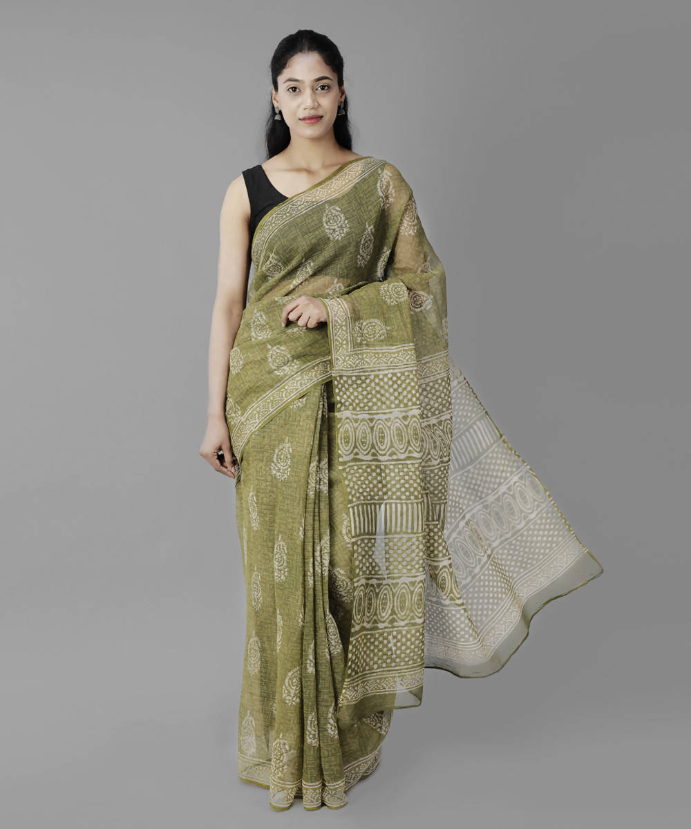 Olive green bagru handblock printed cotton saree