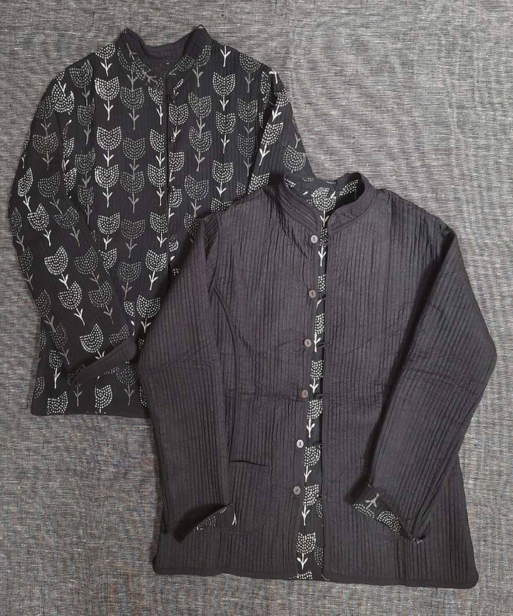 Grey and black block printed reversible jacket with cotton quilting