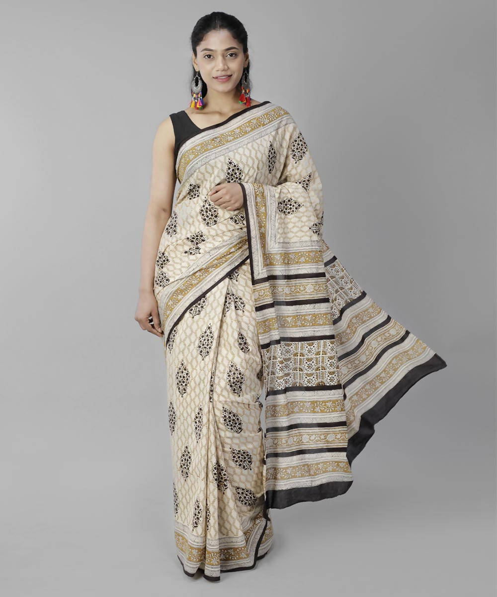 Beige cream bagru handblock printed cotton saree