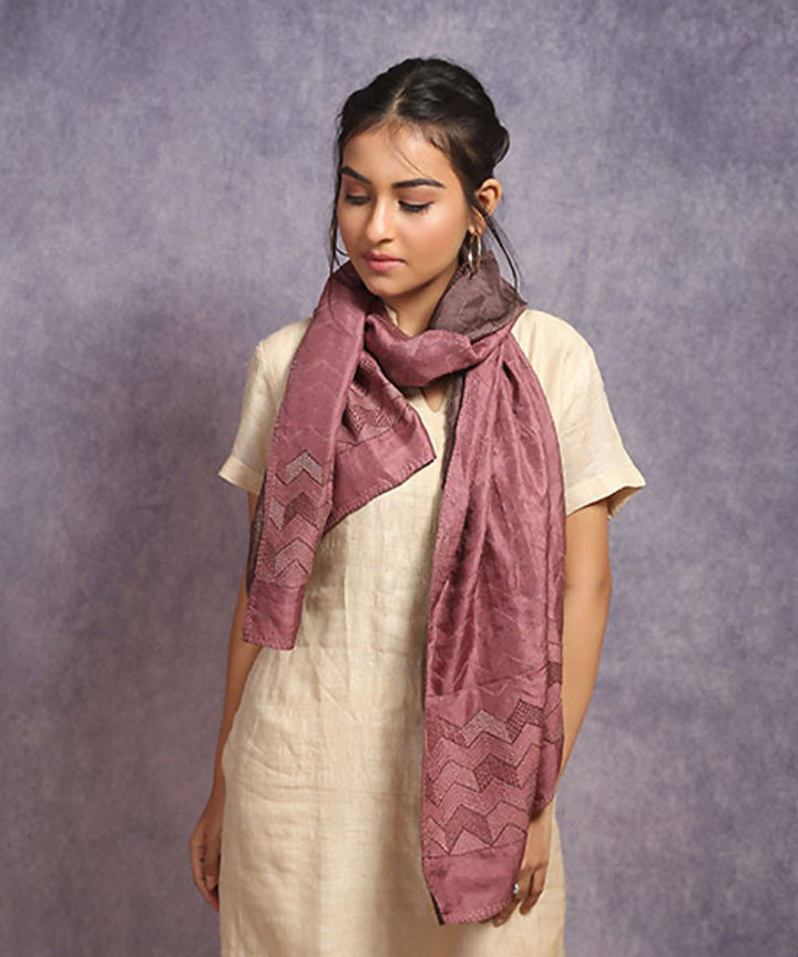 Brown coral hand embroidery reversible silk stole